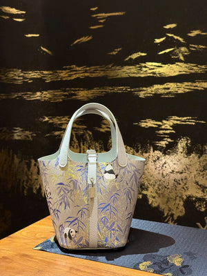 Chinoiserie Luxury Song Brocade Basket Bag – Panda Embracing Bamboo