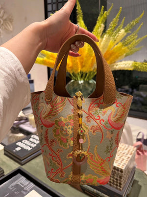 Qian Xiaoping Swan Lake Song Brocade Basket Bag – New Chinese Style Silk Brocade Handbag-brocademodern
