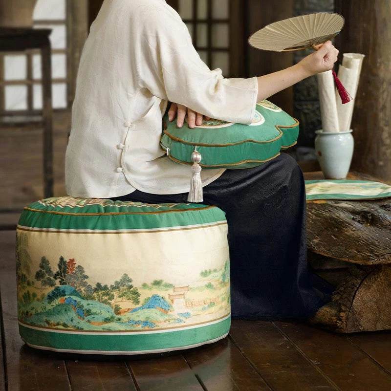 Chinoiserie Plush Green Living Room Rest Pouf - SinoCultural -- B48J0033-C