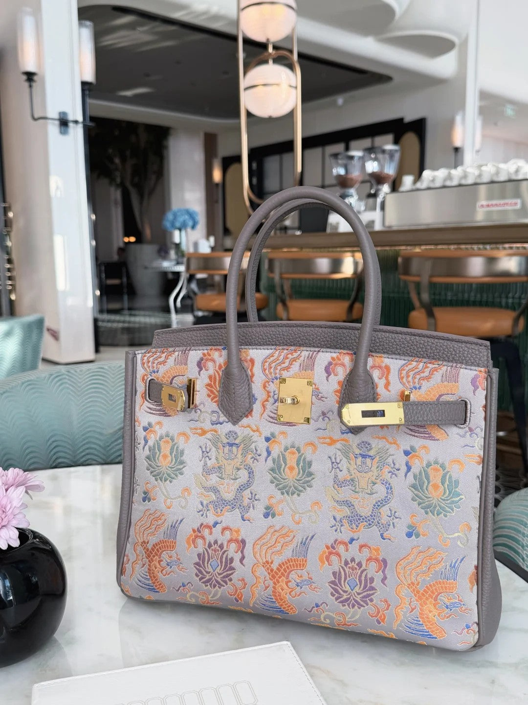 Song brocade Kelly bag with dragon and phoenix motif and structured elegant handbag silhouette featuring Grey Dragon &