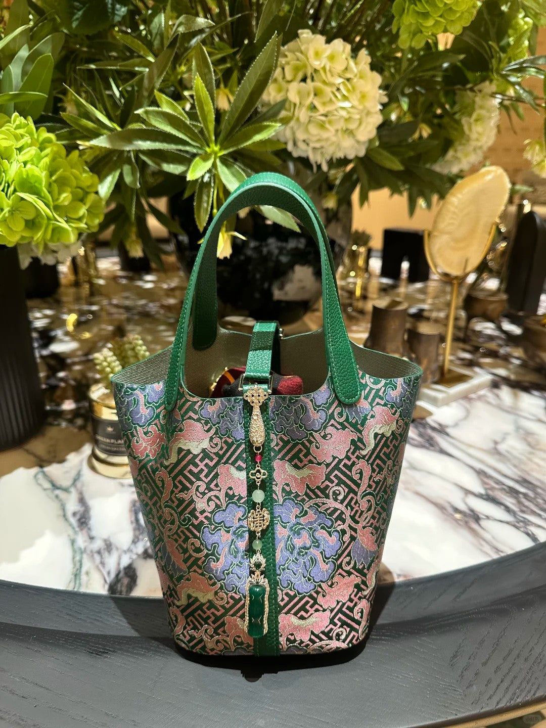 Longevity Peony Song Brocade Basket Bag | Mulberry Silk New Chinese-Style Tote-brocademodern
