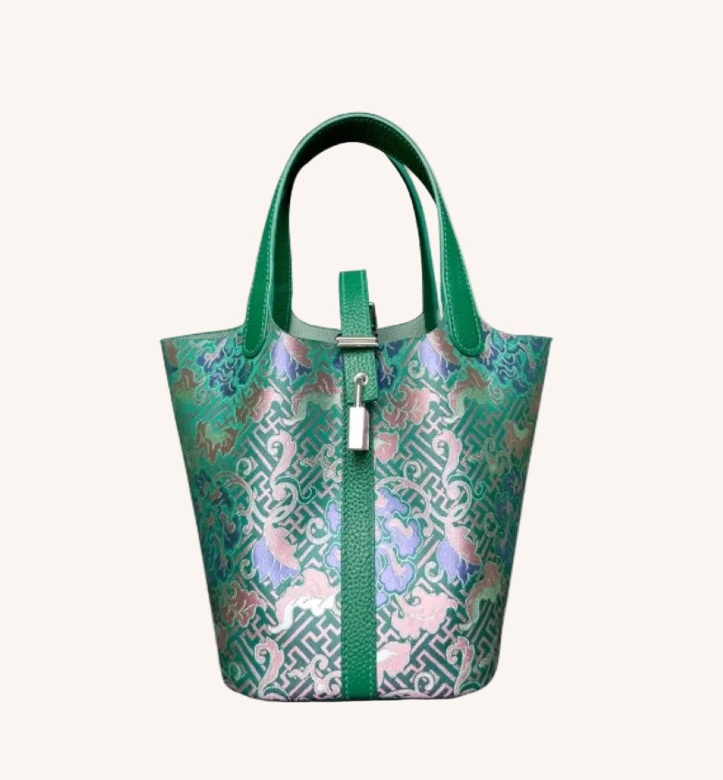 Song Brocade Silk & Leather Bucket Bag – Handmade Top Handle Bag