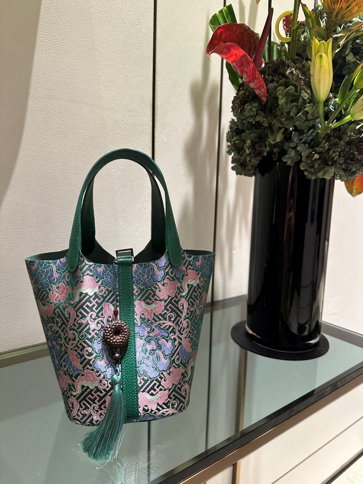 Song Brocade Silk & Leather Bucket Bag – Handmade Top Handle Bag