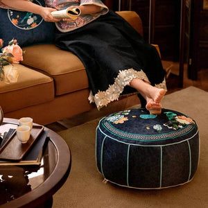 Chinoiserie Plush Bird Blue Living Room Rest Pouf - SinoCultural -- B48J0020-C