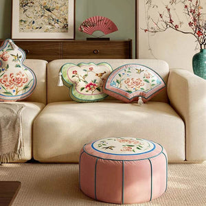 Chinoiserie Plush Flower Living Room Rest Pouf - SinoCultural -- B48J0037-2-C