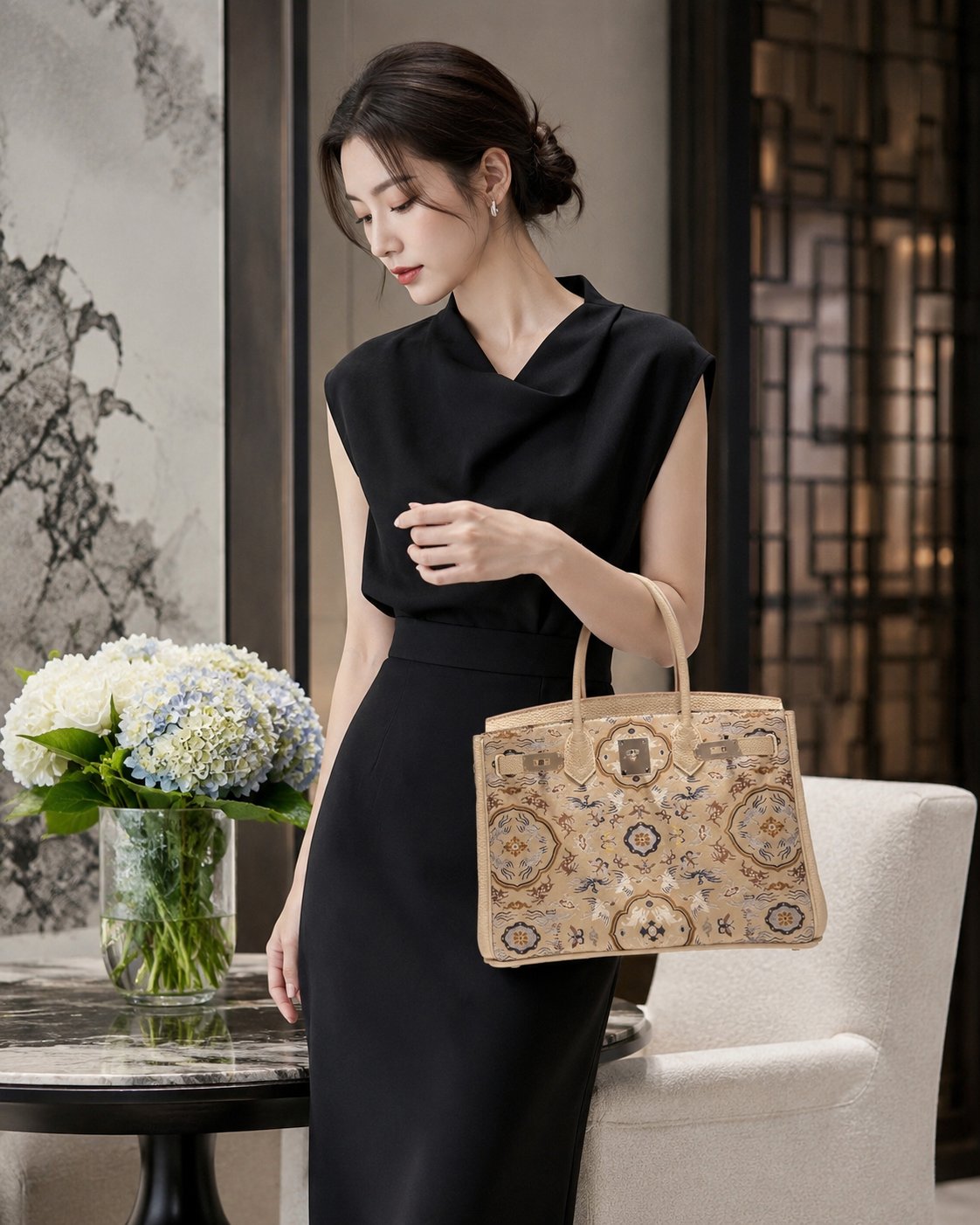 Chinoiserie Luxury Song Brocade Structured Top-Handle Bag — Crane & Deer Spring-brocademodern