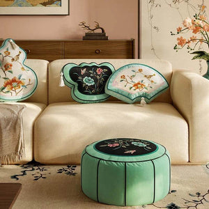 Chinoiserie Plush Green Living Room Rest Pouf - SinoCultural -- B48J0039-1-C