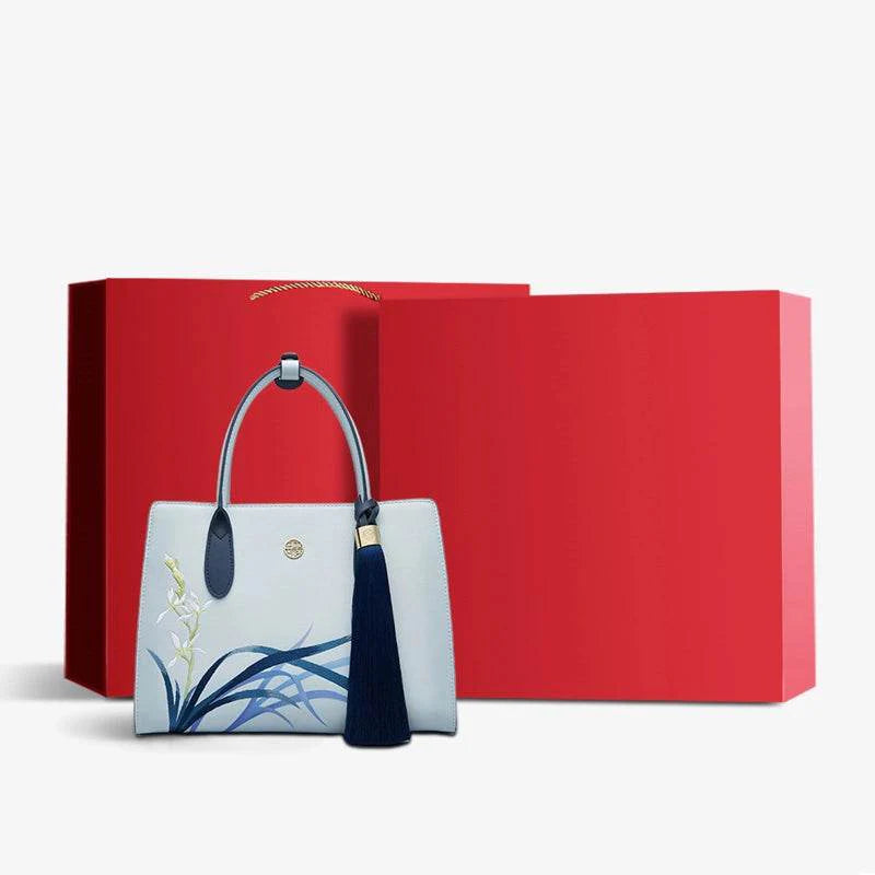 Embroidery Leather Tote Bag Blue Orchid with Pendant - SinoCultural -- P120452