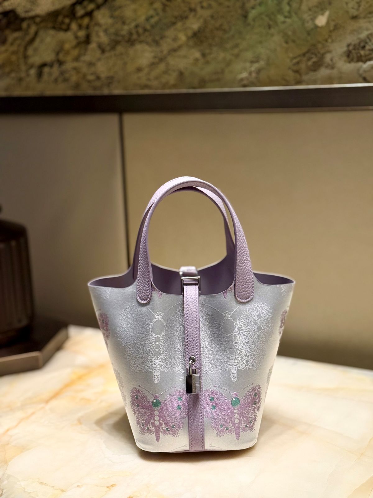 Song Brocade Silk & Leather Bucket Bag – Handmade Top Handle Bag
