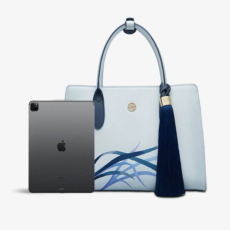 Embroidery Leather Tote Bag Blue Orchid with Pendant - SinoCultural -- P120452