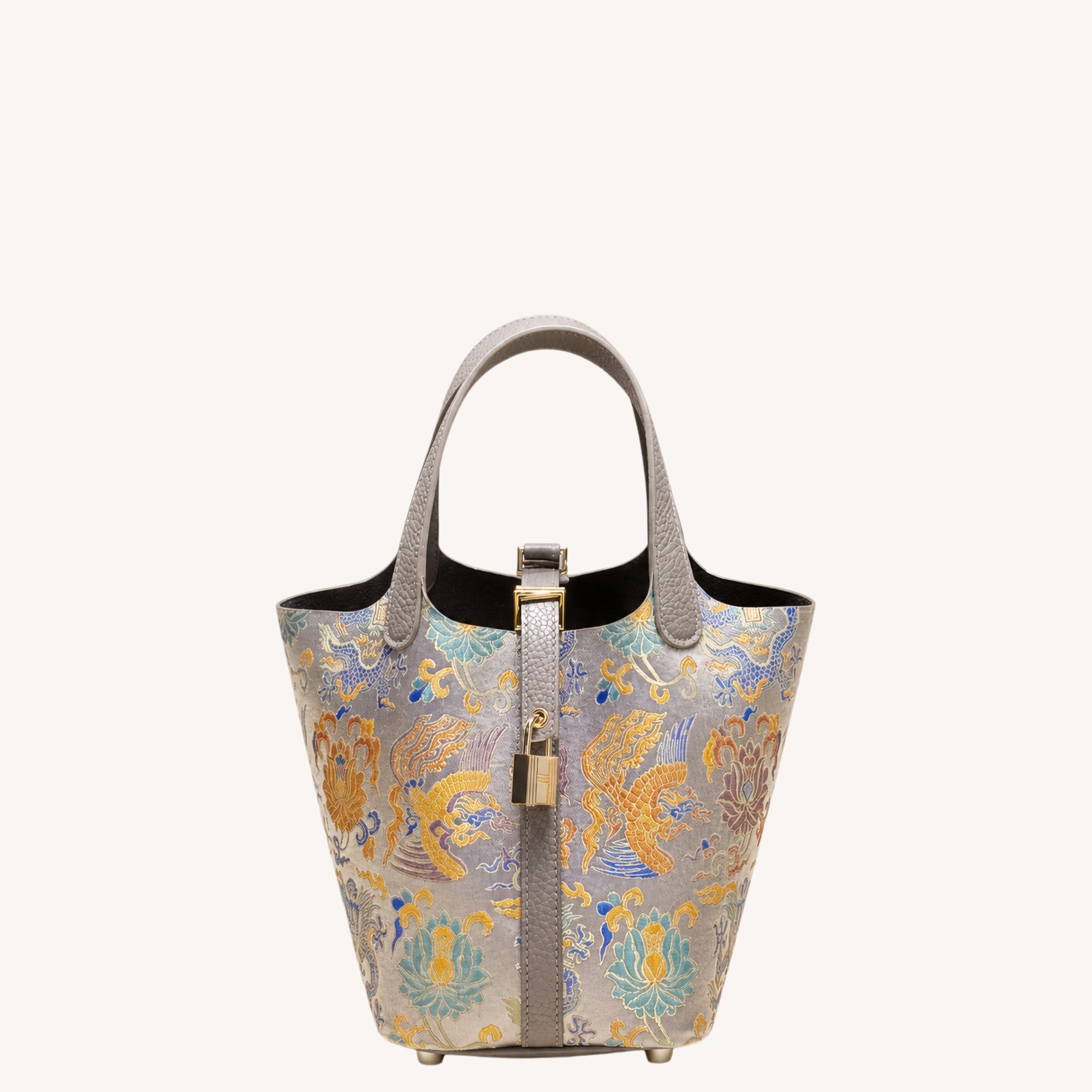 Dragon and Phoenix Through Lotus Song Brocade Basket Bag | Brocade Modern