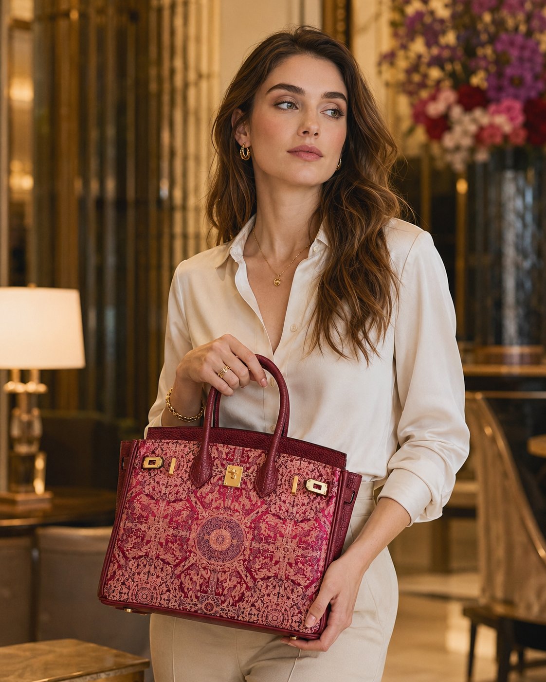 Chinoiserie Luxury Song Brocade Structured Top-Handle Bag — Red Bada Luck Pattern-brocademdoern