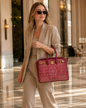 Chinoiserie Luxury Song Brocade Structured Top-Handle Bag — Red Bada Luck Pattern-brocademdoern