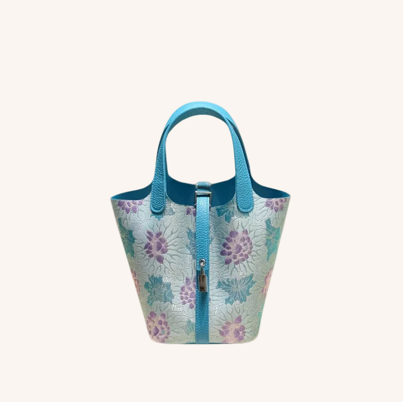 Song Brocade Silk & Leather Bucket Bag – Handmade Top Handle Bag