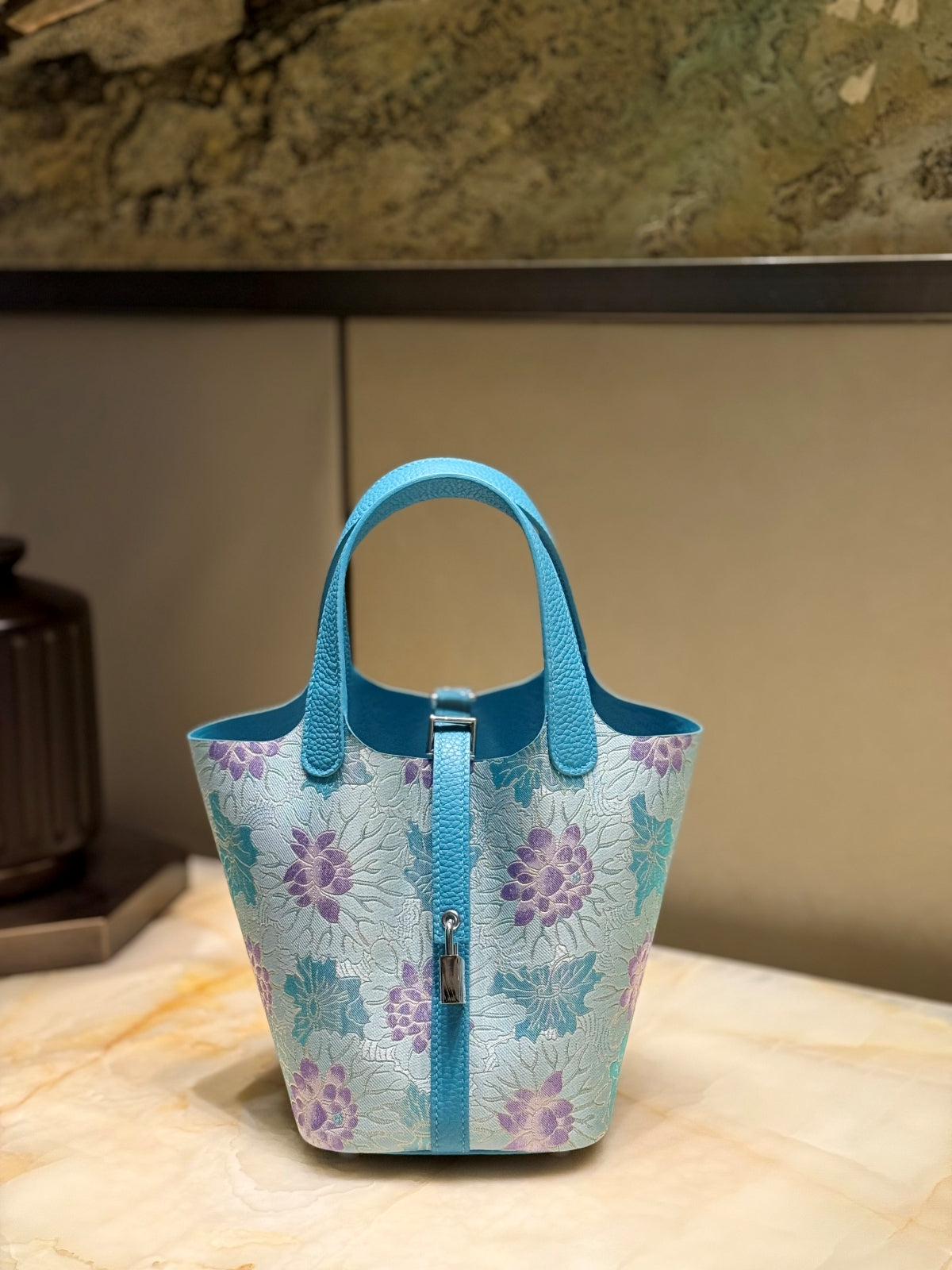 Song Brocade Silk & Leather Bucket Bag – Handmade Top Handle Bag