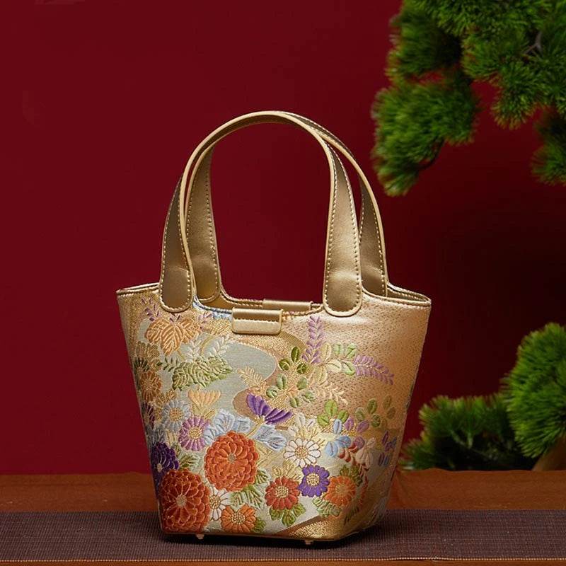 Embroidery Exquisite Floral Luxe Gold Basket Bag - SinoCultural -- P170605