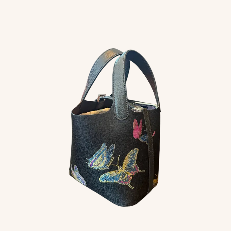Song Brocade Silk & Leather Bucket Bag – Handmade Top Handle Bag