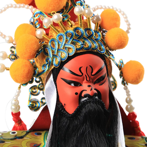 Head details of 12-inch Guan Yu doll (ornate coronet, red face, long black beard).