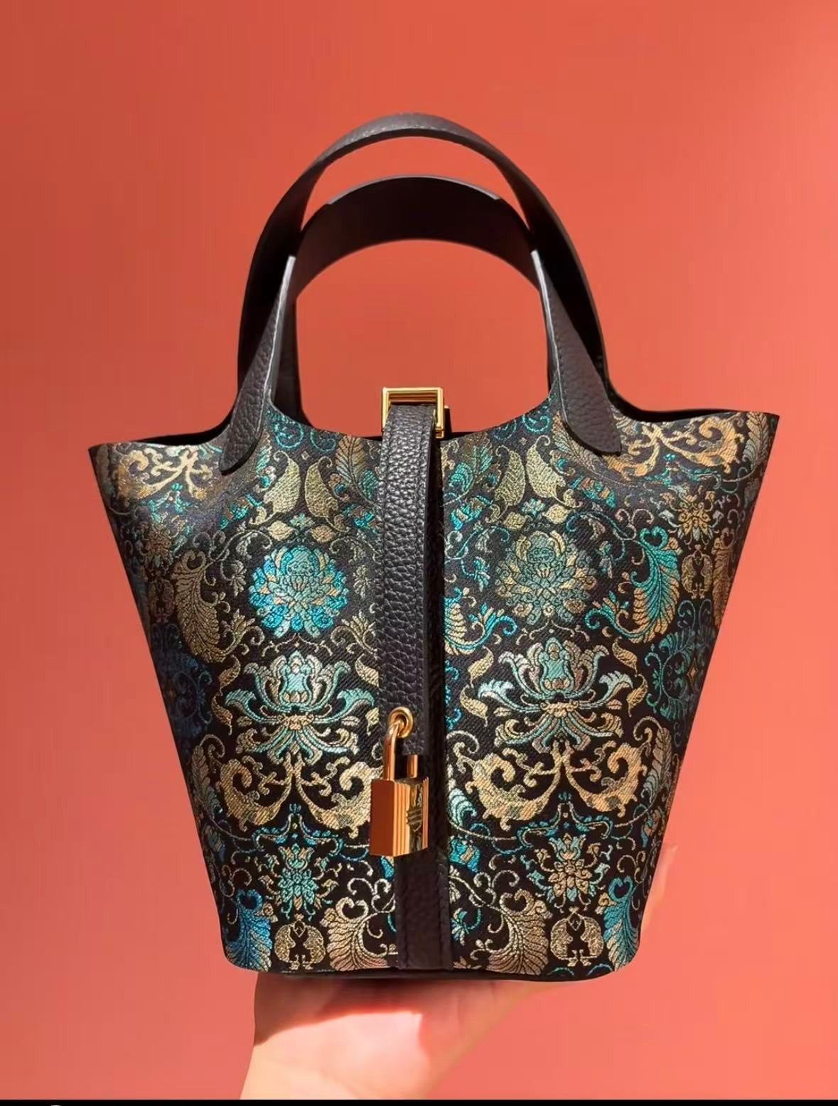 Shangjiukai Black Banana Leaf Lotus Song Brocade Basket Bag – New Chinese Style Silk Brocade Handbag-brocademodern
