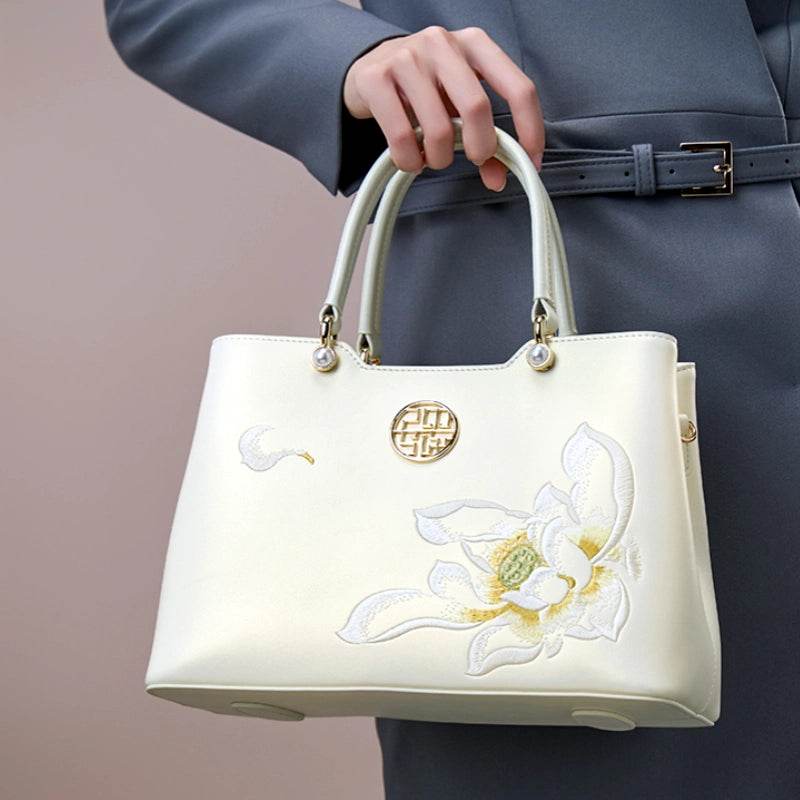Embroidery Leather White Crossbody Tote Bag Lotus Luxury Gift - SinoCultural -- P120279