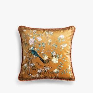 Chinoiserie Original Brown Flowers and Birds Throw Pillow Golden Reverie - SinoCultural -- SJZB040A01