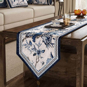 Chinoiserie Traditional Blue and White Long Table Runner - SinoCultural -- TR006BW160