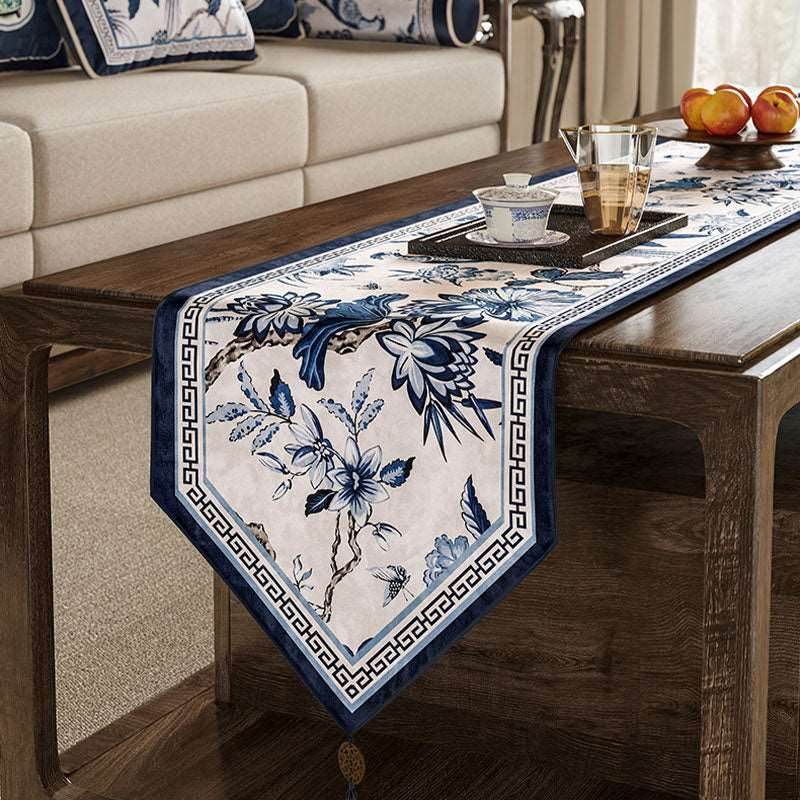 Chinoiserie Traditional Blue and White Long Table Runner - SinoCultural -- TR006BW160