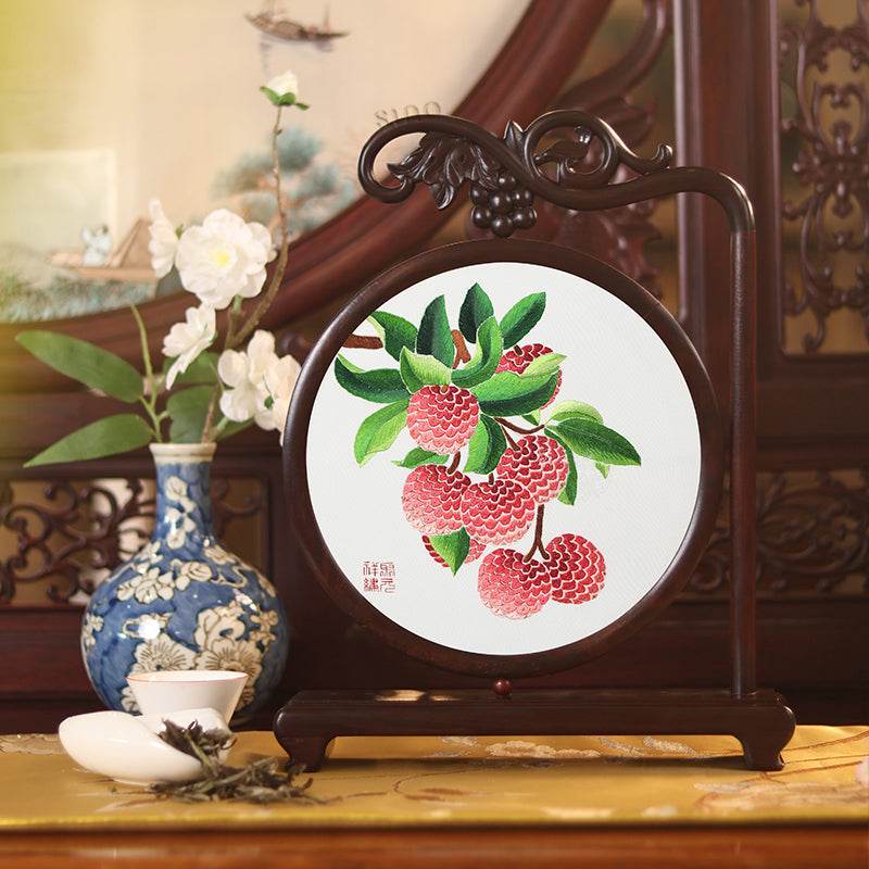 Handcrafted Mulberry Silk Lychee Double-Sided Embroidery Tabletop Decoration - SinoCultural -- JZSX001A05