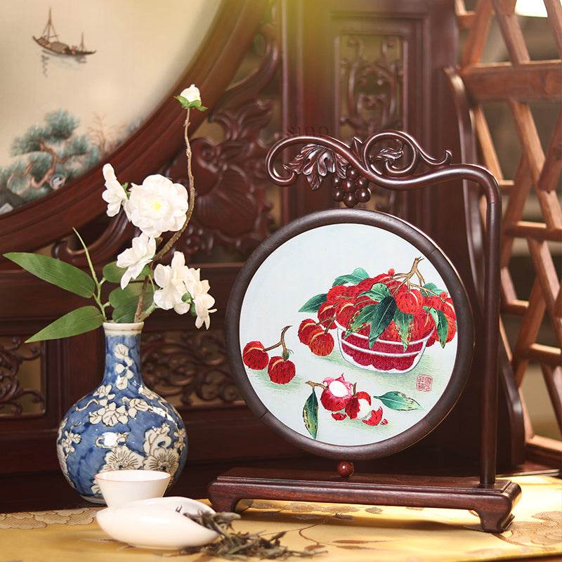 Handcrafted Mulberry Silk Lychee Double-Sided Embroidery Tabletop Decoration - SinoCultural -- JZSX001A13