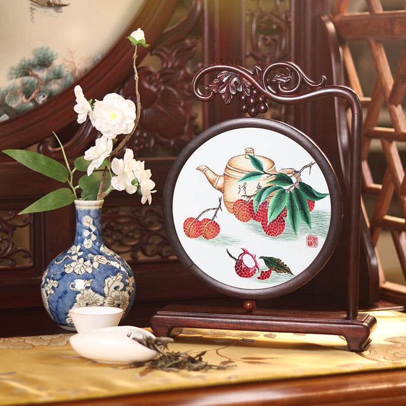 Handcrafted Mulberry Silk Lychee Double-Sided Embroidery Tabletop Decoration - SinoCultural -- JZSX001A14
