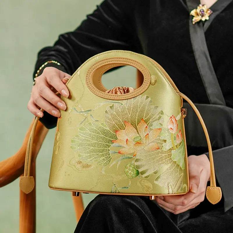 Printed Jacquard Lotus Green Drawstring Bucket Bag - SinoCultural -- LD120670-2