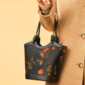 Xiangyunsha Silk Leather Printed Persimmon Shoulder Bag - SinoCultural -- YS120763