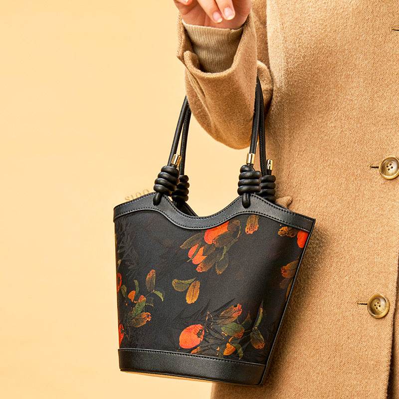 Xiangyunsha Silk Leather Printed Persimmon Shoulder Bag - SinoCultural -- YS120763
