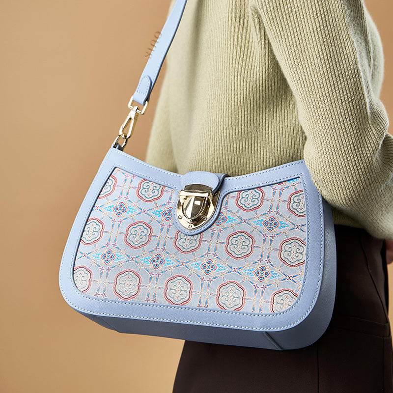 Song Brocade Leather Blue Shoulder Bag Ruyi Pattern - SinoCultural -- FJ270038-1