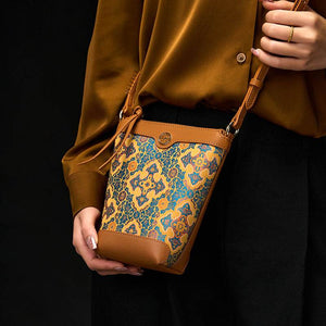 Song Brocade Leather Crossbody Mobile Phone Bag Four Harmonies and Ruyi Pattern - SinoCultural -- P220608