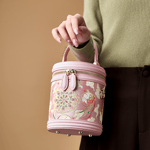 Song Brocade Powder Pink Bucket Bag Lotus & Lucky Rabbit Pattern - SinoCultural -- P12065102