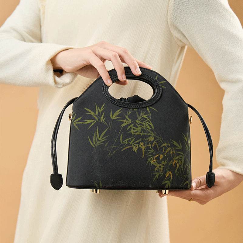Xiangyunsha Silk Bamboo Black Drawstring Bucket Bag - SinoCultural -- YS120670-1