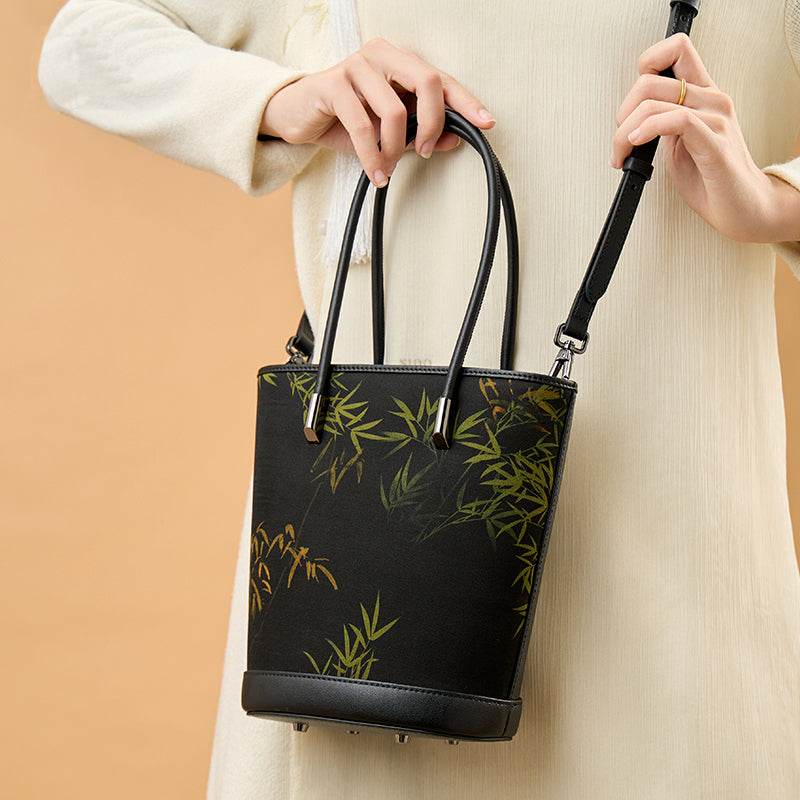 Xiangyunsha Silk Black Bamboo Print Crossbody Bucket Bag - SinoCultural -- P110608