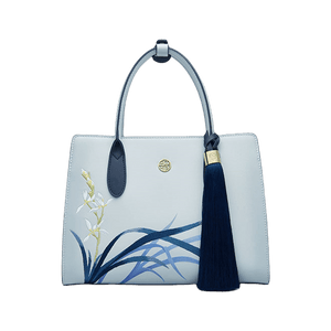 Embroidery Leather Tote Bag Blue Orchid with Pendant - SinoCultural -- P120452