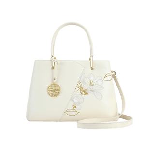 Embroidery Leather Magnolia Tote Bag Elegant Women Handbag with Scarf - SinoCultural -- P120348-3