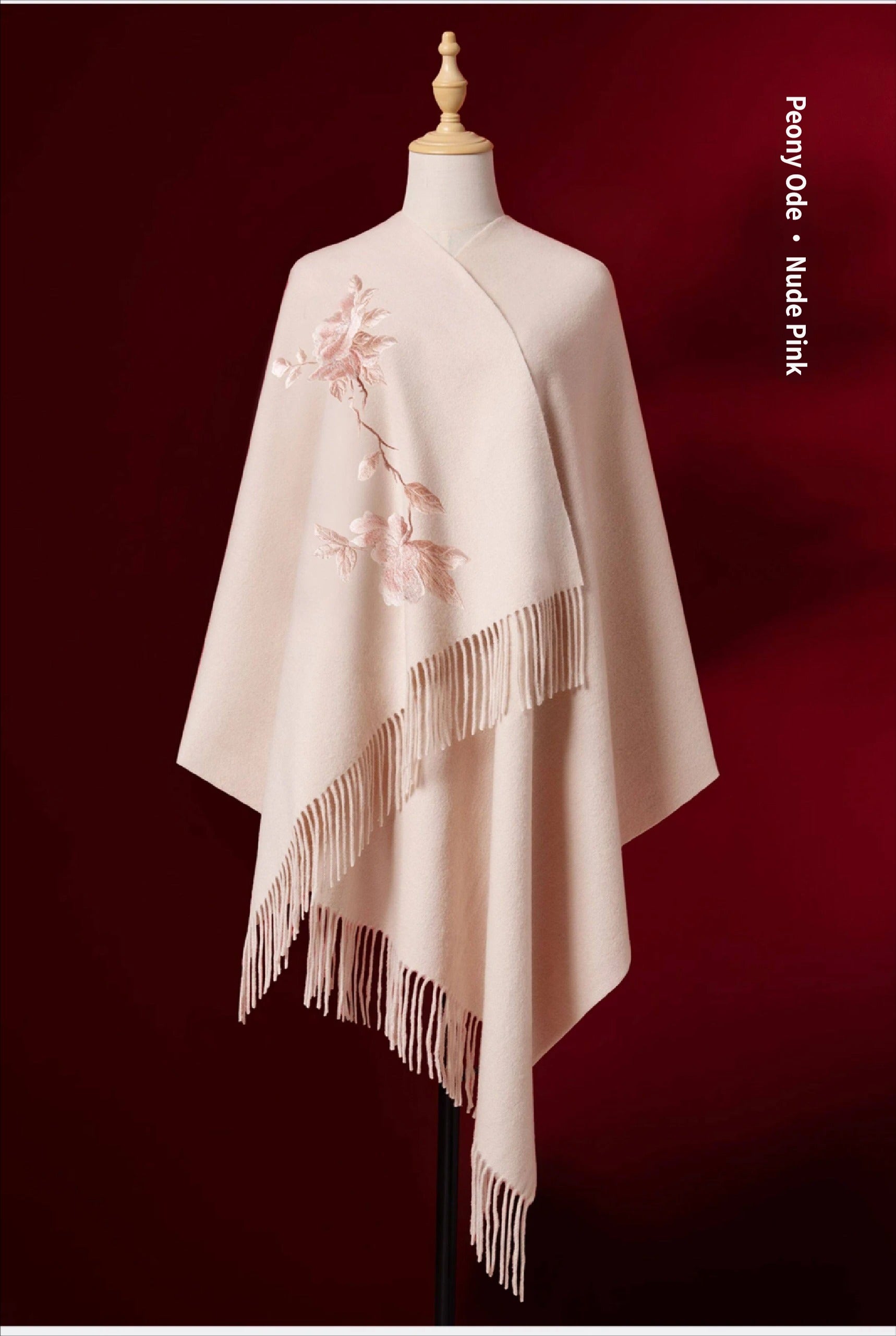 Peony Ode Embroidered Wool Shawl Scarf – Oversized Wrap for Qipao & Women