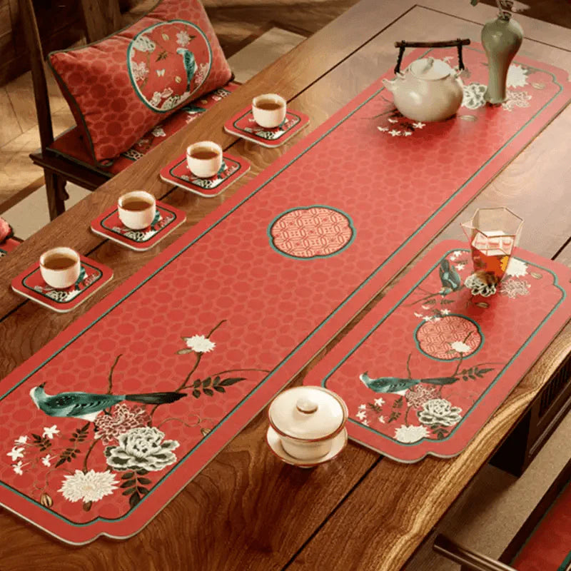 Chinoiserie Royal Red Festive Leather Tea Table Mat - SinoCultural -- TM039A15