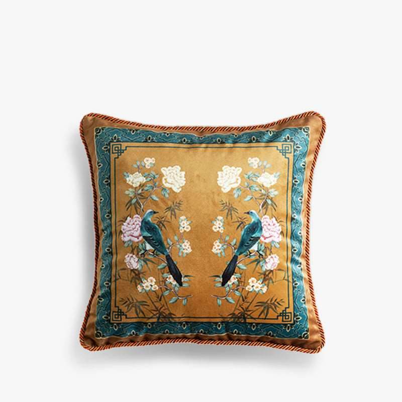 Chinoiserie Original Brown Flowers and Birds Throw Pillow Golden Reverie - SinoCultural -- SJZB040A01
