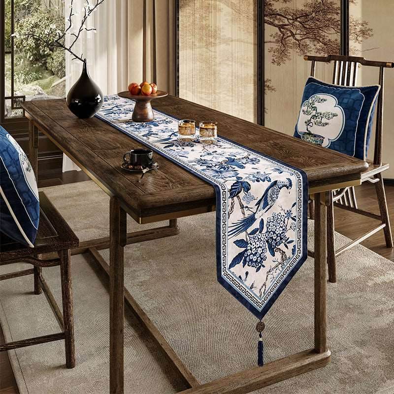 Chinoiserie Traditional Blue and White Long Table Runner - SinoCultural -- TR006BW160