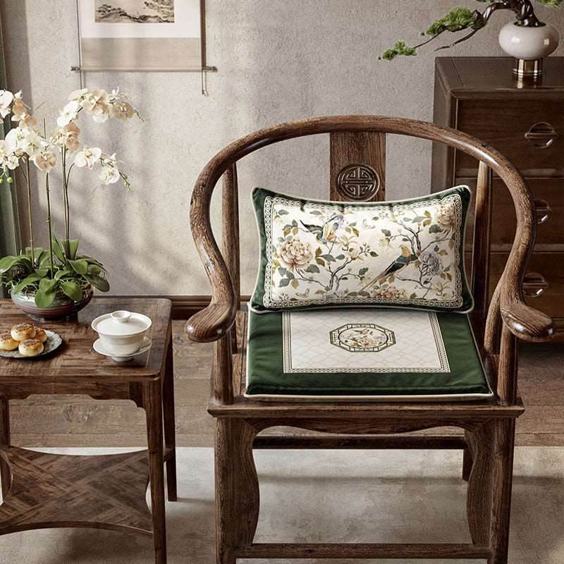 Chinoiserie Warm Spring Dark Green Flower and Birds Chair Cushion - SinoCultural -- SC012A38