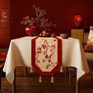 Chinoiserie Wedding Luxe Flower and Bird Red Table Runner - SinoCultural -- TR003RW160