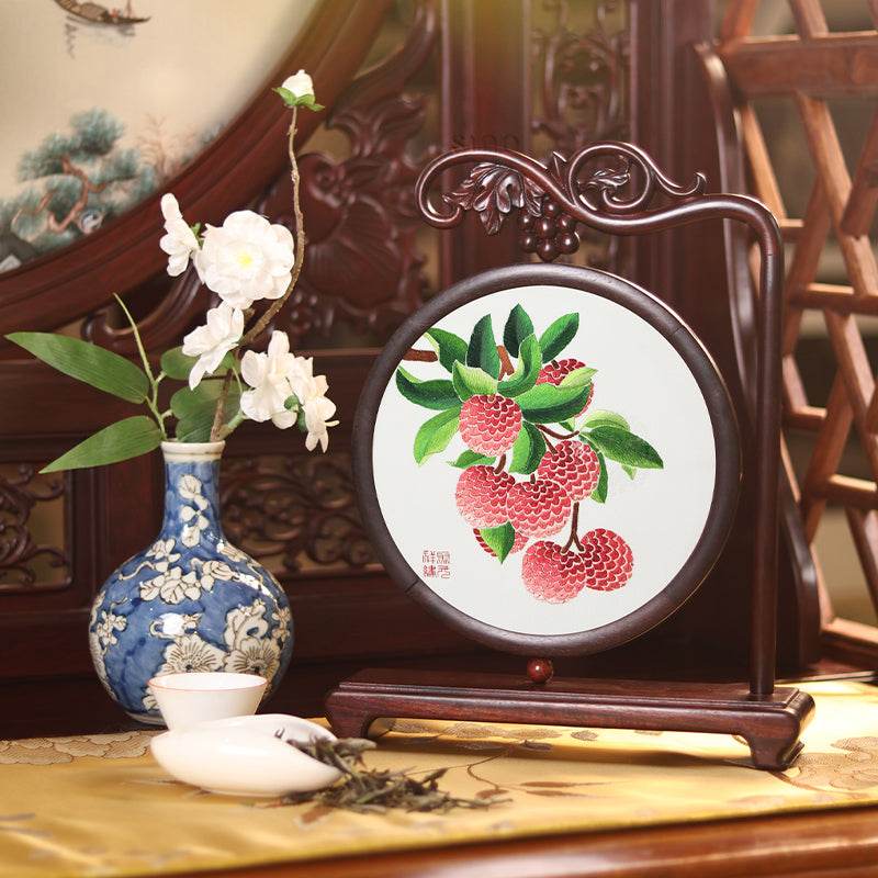 Handcrafted Mulberry Silk Lychee Double-Sided Embroidery Tabletop Decoration - SinoCultural -- JZSX001A05