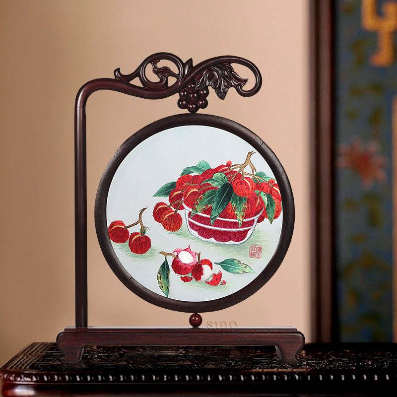 Handcrafted Mulberry Silk Lychee Double-Sided Embroidery Tabletop Decoration - SinoCultural -- JZSX001A13