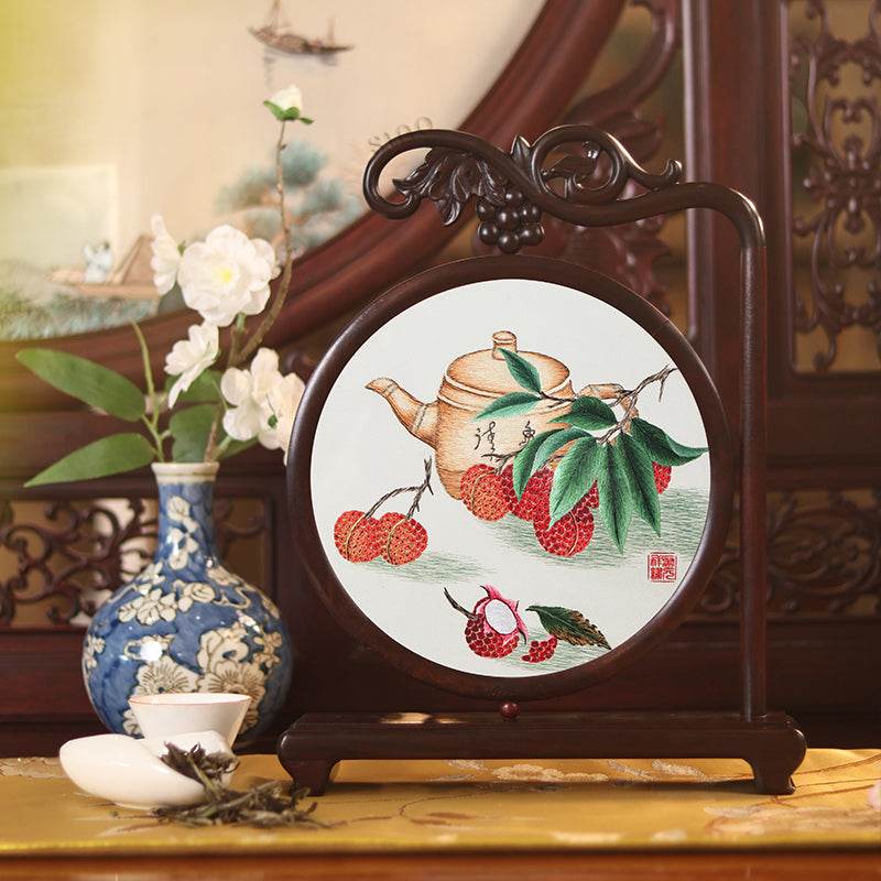 Handcrafted Mulberry Silk Lychee Double-Sided Embroidery Tabletop Decoration - SinoCultural -- JZSX001A14