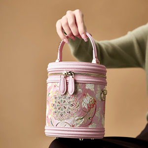 Song Brocade Powder Pink Bucket Bag Lotus & Lucky Rabbit Pattern - SinoCultural -- P12065102